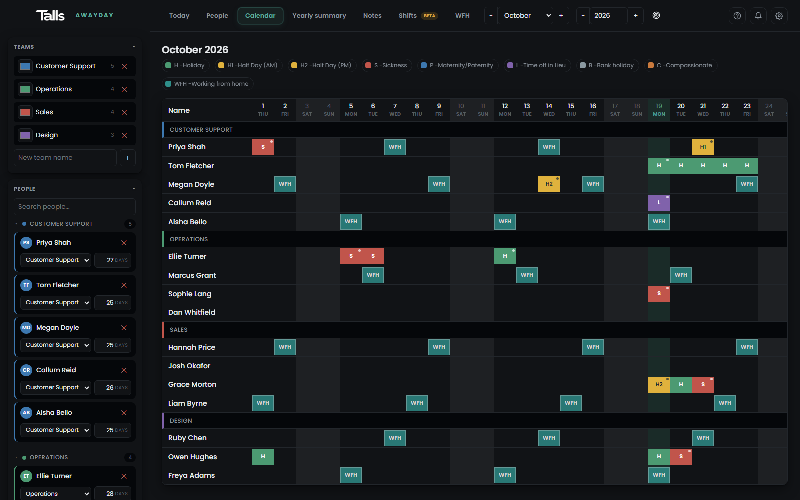 The AwayDay calendar, showing a month of the team's holidays and absences